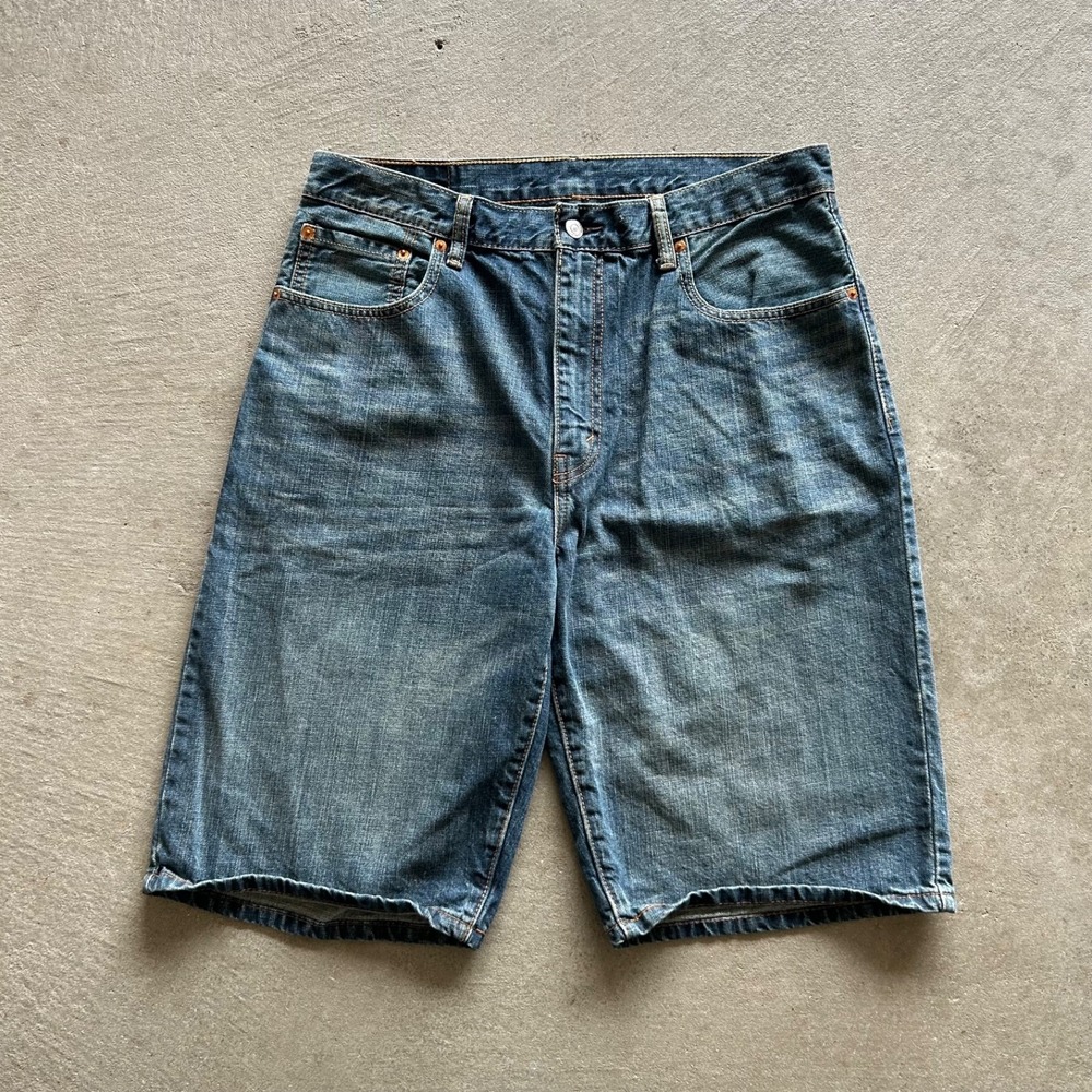 Levis 569 Jean Shorts Size 34 Blue Medium Wash Loose Straight Fit Denim Jorts‎